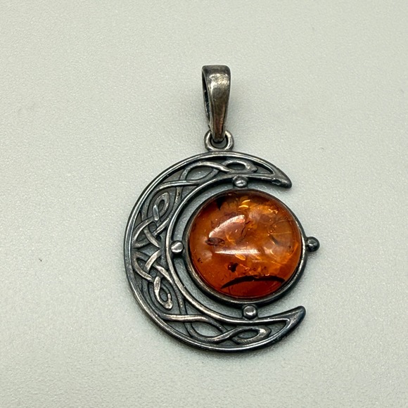 Jewelry - Celtic Crescent Moon Amber Pendant Sterling Silver 925 Cognac Cabochon